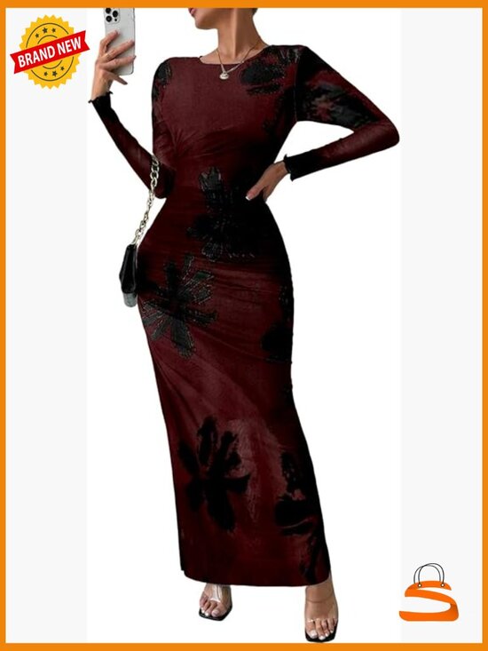 Dresses & Skirts - Long Sleeve Bodycon Maxi Dress Ruched Formal Slim Fit